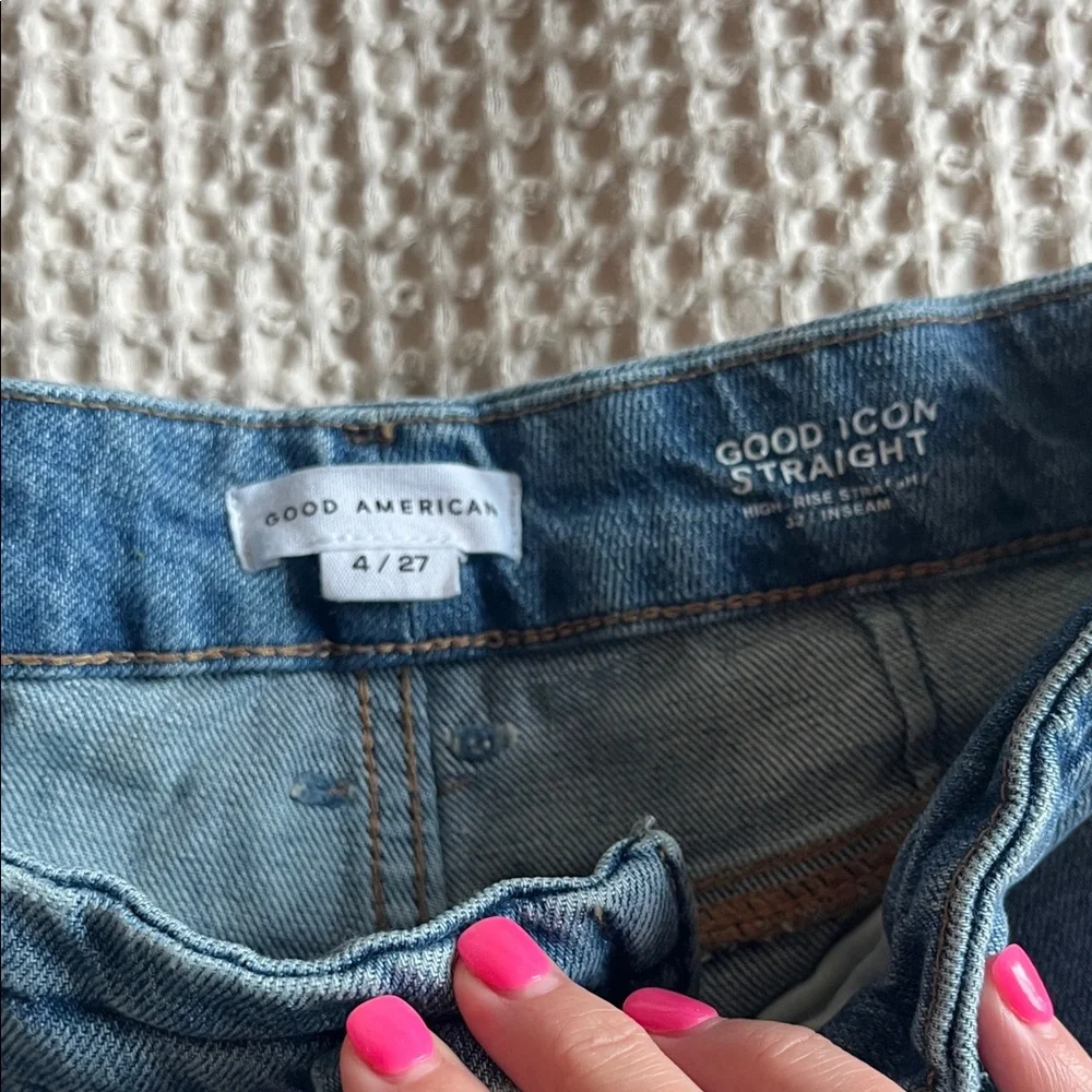 GOOD AMERICAN Blue Patchwork Straight-Leg Jeans - Picture 3 of 5